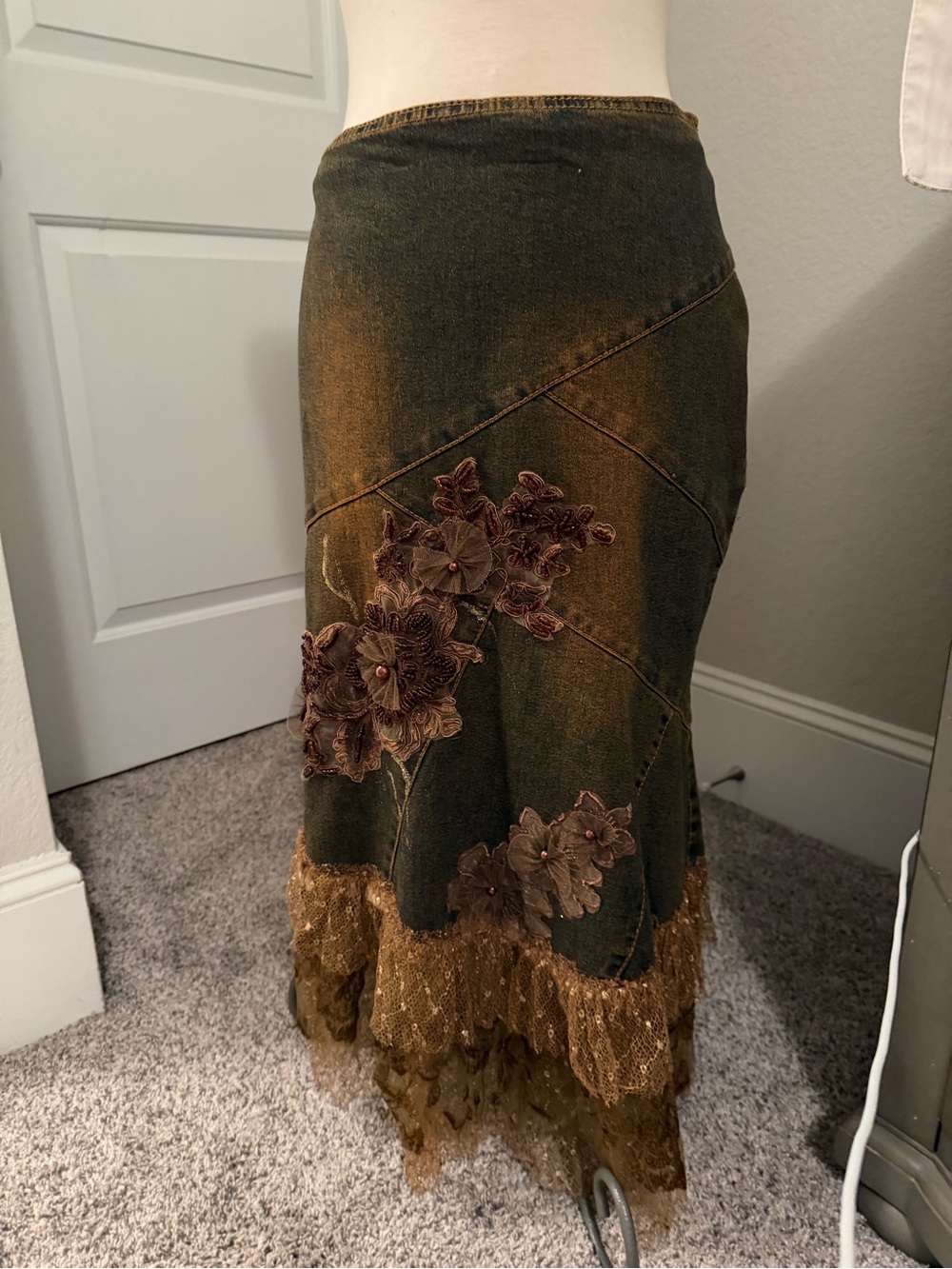 Denim Lace Floral Appliqué Skirt